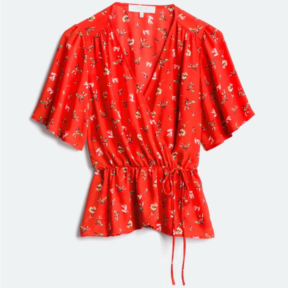 Astr Red Floral Wrap Blouse